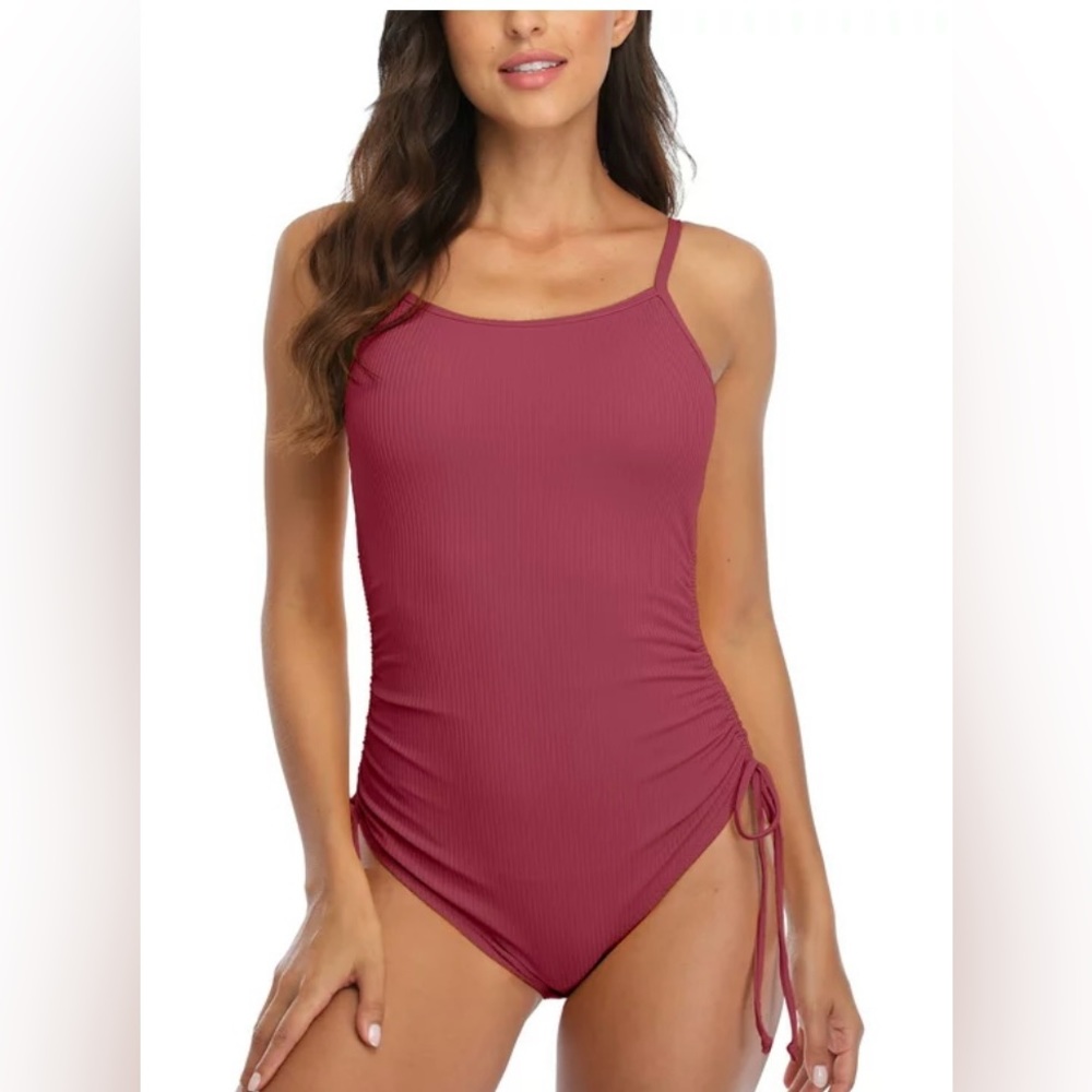 CHARMO Women’s Ribbed Side Tie One Piece Swimsuit Dusty Rose Pink NWT Size S